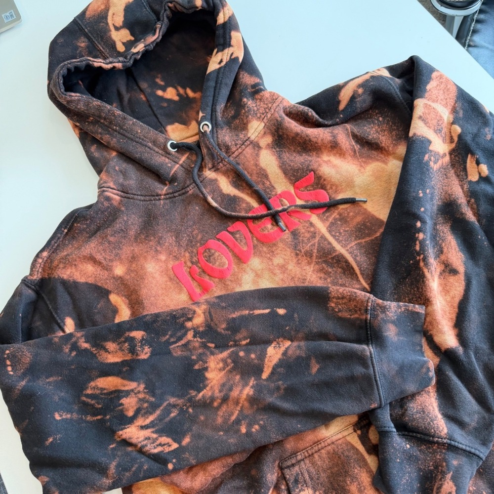 Fanjoy Co Lovers Hoodie Mens Large Black Orange Acid Wash Bleach Dye Puff Print